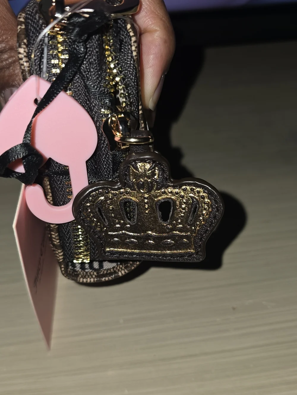 Juicy Couture Brown Signature Logo Zip Wallet with Pink Heart Charm